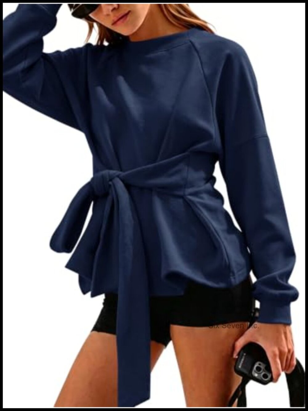 Womens Tie Knot Sweatshirt Long Sleeve Casual Knit Wrap Pullover Top